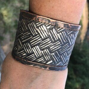 Woven Weave Embossed Sterling Silver 925 Copper Cuff Wide Rustic Handmade